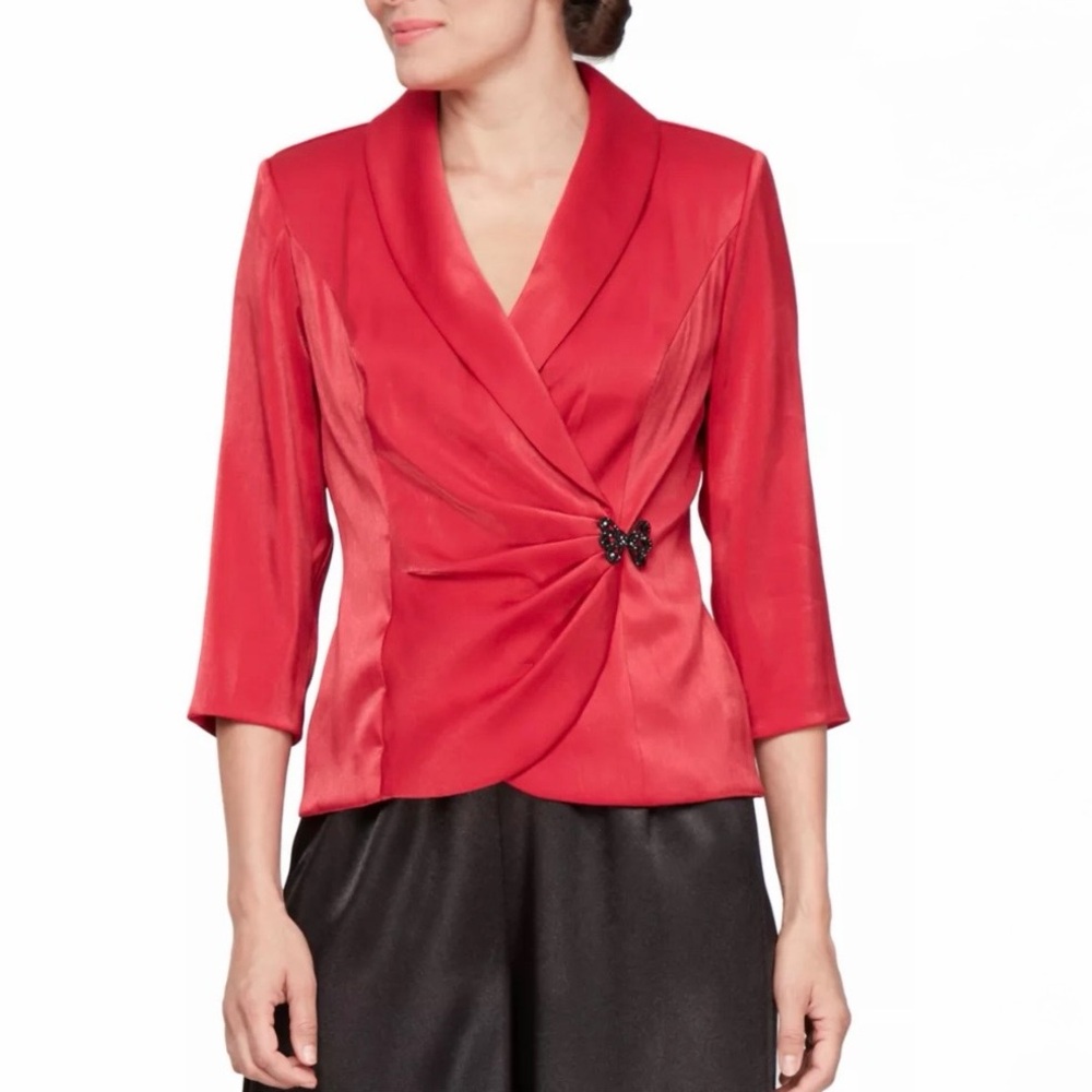NWT Alex Evenings Plus Elegant Red Satin Shaw Collar Formal Blouse Top 1X